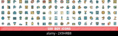 set di 100 icone ragazzo. Linea di colori con icone vettoriali ragazzo linea sottile colore piatto su bianco Illustrazione Vettoriale