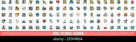 set di 100 icone cliniche. Set di linee cromatiche di icone vettoriali cliniche linee sottili di colore piatto su bianco Illustrazione Vettoriale