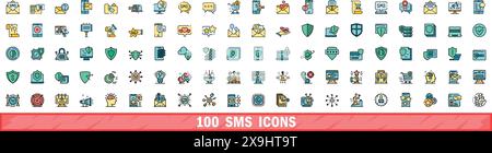 100 set di icone sms. Set di linee colorate di icone vettoriali sms linea sottile colore piatto su bianco Illustrazione Vettoriale