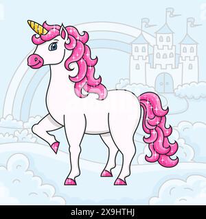 Un simpatico unicorno. Cavallo magico da favola. Paesaggio con un bellissimo castello. Personaggio dei cartoni animati. Illustrazione vettoriale colorata. Isolato su sfondo a colori. Des Illustrazione Vettoriale