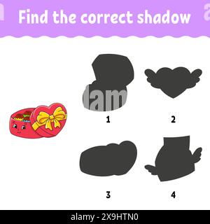 Trovare l'ombra corretta. Foglio di lavoro per lo sviluppo dell'istruzione. Gioco di abbinamento per bambini. Pagina attività. Puzzle per bambini. personaggio dei cartoni animati. Illustrazione vettoriale Illustrazione Vettoriale