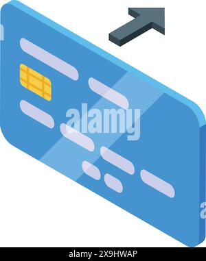 Illustrazione isometrica di una carta di credito blu con una freccia di inoltro della transazione che raffigura il pagamento online Illustrazione Vettoriale