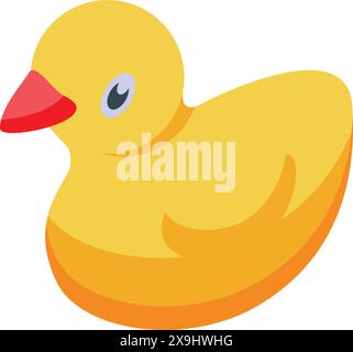 Illustrazione colorata con icona a forma di anatra in gomma per il bagno dei bambini con un vivace design giallo. Carattere giocoso e allegro. Grafica vettoriale isolata di un simpatico ducky sorridente. Galleggiare in acqua Illustrazione Vettoriale