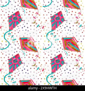 Un design armonioso con vivaci aquiloni su uno sfondo bianco pulito, adatto per l'uso in prodotti, tessuti o creazioni artistiche. Includere sfumature di rosa, acqua, magenta e motivi circolari Foto Stock