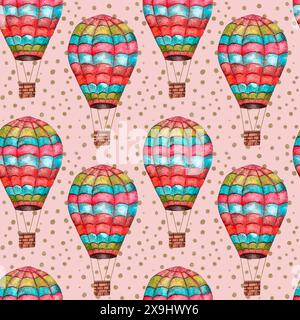 Un motivo vibrante che mostra palloncini colorati ad aria calda che fluttuano su uno sfondo rosa, caratterizzato da sfumature di arancione e giallo con una simmetria artistica e linee simili a quelle di fontana Foto Stock