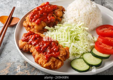 Ayam geprek pollo croccante schiacciato in Sambal servito con riso bianco, cetriolo, pomodoro e cavolo in primo piano sul piatto del tavolo. Orizzontale Foto Stock