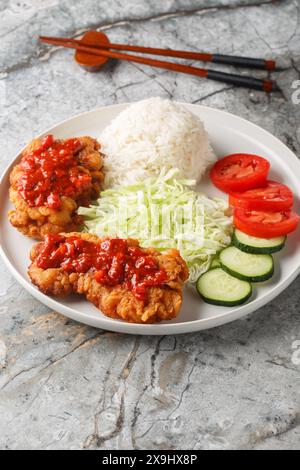 Ayam geprek: Pollo fritto indonesiano con salsa sambal servito con riso bianco, cetriolo, pomodoro e cavolo in primo piano sul piatto del tavolo. Vert Foto Stock