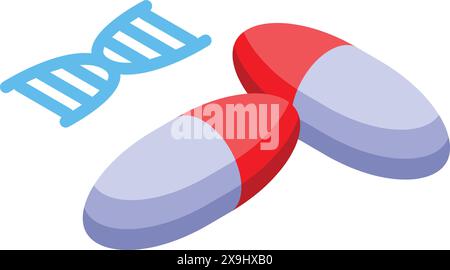 Illustrazione isometrica del concetto di medicina genetica con pillole colorate e dna, che mostra i progressi nella biotecnologia personalizzata e nei prodotti farmaceutici nel moderno settore sanitario Illustrazione Vettoriale