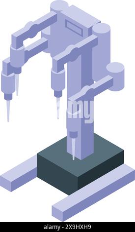 Illustrazione isometrica 3d dettagliata di un moderno braccio robotico per l'automazione industriale Illustrazione Vettoriale