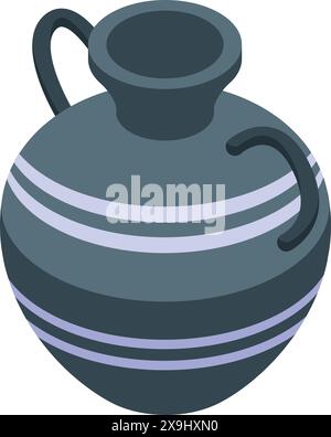 Illustrazione vettoriale di un vaso decorativo isometrico di argilla con design a righe e due manici, che mostra l'artigianato tradizionale della ceramica, in grigio e viola, isolato su sfondo bianco Illustrazione Vettoriale