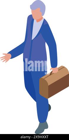 Illustrazione vettoriale isometrica di un uomo d'affari in tuta blu che cammina con una valigetta marrone Illustrazione Vettoriale