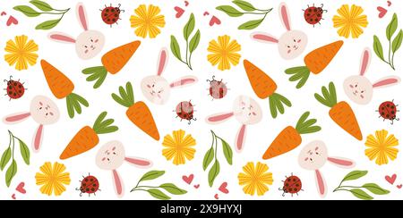 Motivo primaverile senza cuciture con fiori e coniglietti in un grazioso stile vettoriale disegnato a mano. Perfetto per confezioni regalo, tessuti e decorazioni primaverili. Illustrazione Vettoriale