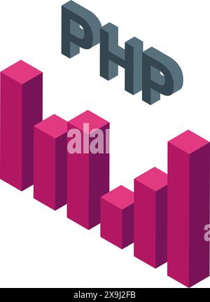 Illustrazione isometrica 3d di un grafico a barre in aumento con il logo php, che rappresenta la crescita dell'utilizzo di php Illustrazione Vettoriale