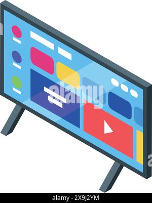 Moderna illustrazione isometrica di un televisore intelligente che mostra un'interfaccia utente vivace con icone multimediali Illustrazione Vettoriale