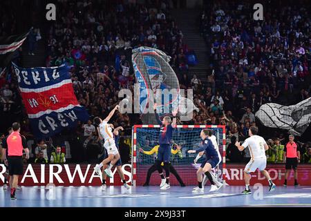 I tifosi del Paris Saint-Germain fanno il tifo per la loro squadra durante la partita finale di pallamano Liqui Moly Starligue tra il Paris Saint-Germain e il Pays d’Aix Universite Club presso l’Accor Arena di Parigi il 31 maggio 2024. Foto di Firas Abdullah/ABACAPRESS. COM Foto Stock