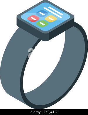 Illustrazione isometrica moderna della tecnologia indossabile dello smartwatch con icone colorate delle app gadget e display digitale su un orologio da polso. Presenta l'ultimo design degli accessori per dispositivi mobili in formato vettoriale Illustrazione Vettoriale