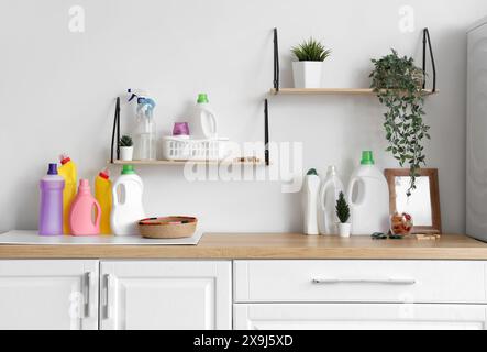 Bancone in legno con bottiglie di detergente e piante da casa nella lavanderia Foto Stock