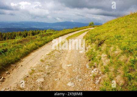 strada di ghiaia di campagna attraverso altopiani erbosi di transcarpathia, ucraina. splendida vista del paesaggio dei carpazi in lontananza. panorama soleggiato Foto Stock