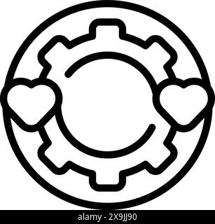 Romantico logo Heart Gear con cuori a incastro e simbolo meccanico in illustrazione vettoriale in bianco e nero Illustrazione Vettoriale