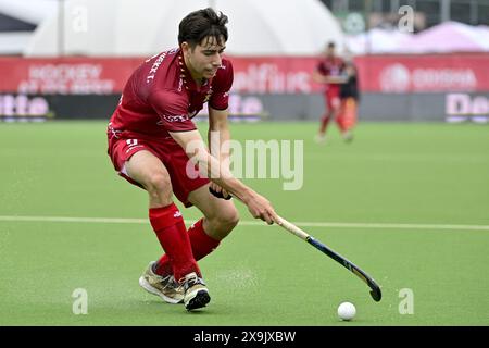 Il belga Thibeau Stockbroekx raffigurato in azione durante una partita di hockey tra la nazionale belga dei Red Lions e la Spagna, partita 11/16 nella fase a gironi della FIH Pro League maschile 2024, sabato 01 giugno 2024, ad Anversa. BELGA FOTO DIRK WAEM Foto Stock