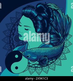 Illustrazione vettoriale di geisha giapponese con pesce betta Illustrazione Vettoriale