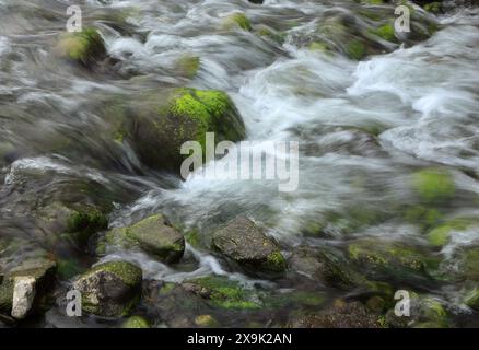 Concetti - ambiente. L'acqua pura e fresca fluisce sui massi. Oeiras, Portogallo. Esposizione lunga per effetto. Foto Stock