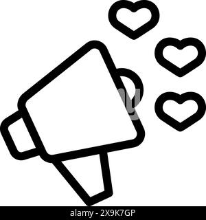 Icona di annuncio d'amore semplice ma di grande impatto con un'illustrazione grafica in bianco e nero di un megafono e simbolo del cuore per la comunicazione e la trasmissione di messaggi affettuosi Illustrazione Vettoriale