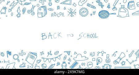 Cornice di testo per tornare a scuola in stile doodle. Set disegnato a mano di elementi per il fumetto, simboli didattici. Quadro per i social network. Invito a mee Illustrazione Vettoriale