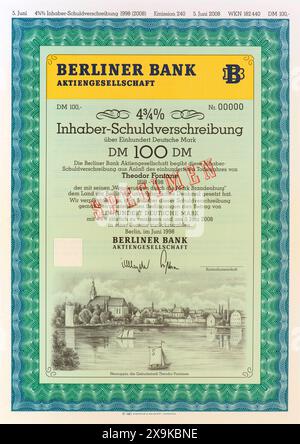 Inhaber-Schuldverschreibung der firma Berliner Bank Inhaber-Schuldverschreibung der firma Berliner Bank über 100 DM *** Bearer bond emesso da Berliner Bank Bearer bond emesso da Berliner Bank per 100 DM Foto Stock