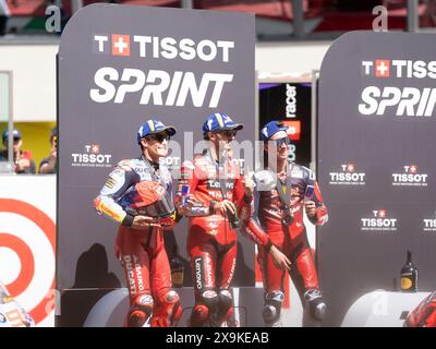 Vincitore Sprint Race 01 Francesco Bagnaia (Ita-Ducati Lenovo Team), 93 Marc Marquez Spain Gresini Racing MotoGP e 31 Pedro Acosta (Spa-GASGAS Factory Racing) durante il MotoGP Brembo Italian Grand Prix Sprint Race MotoGP sabato , MotoGP d'Italia sul circuito del Mugello il 1° giugno 2024 a Scarperia, Italia (foto di Fabio Averna/Sipa USA) Foto Stock