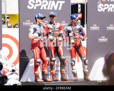 Vincitore Sprint Race 01 Francesco Bagnaia (Ita-Ducati Lenovo Team), 93 Marc Marquez Spain Gresini Racing MotoGP e 31 Pedro Acosta (Spa-GASGAS Factory Racing) durante il MotoGP Brembo Italian Grand Prix Sprint Race MotoGP sabato , MotoGP d'Italia sul circuito del Mugello il 1° giugno 2024 a Scarperia, Italia (foto di Fabio Averna/Sipa USA) Foto Stock