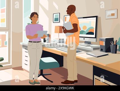 Uomini d'affari che si trovano in un moderno ufficio vettoriale. Illustrazione Vettoriale