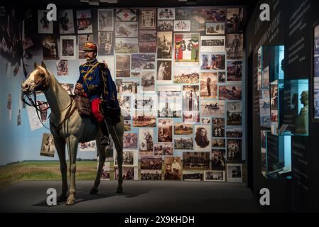 All'interno di un museo di storia ungherese, del mondo ungherese di Budapest, con mostre e mostre di vecchie fotografie di guerra d'archivio con un soldato a cavallo. Niente persone. Foto Stock