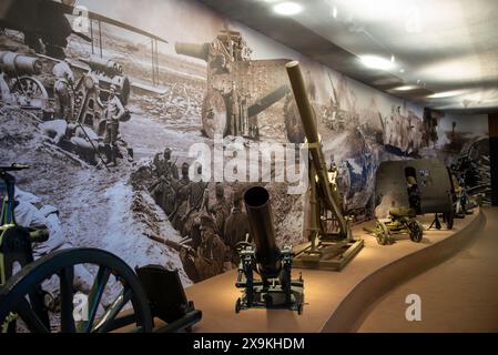 Mostra all'interno del museo di Budapest, museo storico militare, di guerra e di storia con vecchie foto di guerra e armi in mostra in Ungheria. Niente persone. Foto Stock