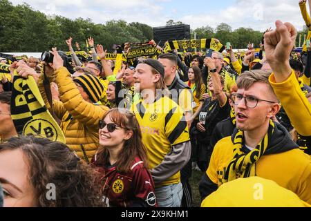 Londra, Regno Unito. 1 giugno 2024. Il parco ufficiale dei tifosi del Borussia Dortmund di Hyde Park si sta affollando con i tifosi di calcio. Circa 20.000 sono attesi sul sito, entro le 12 di oggi, quasi 15.000 erano già arrivati per cantare, fare festa, godersi il programma del palco e in seguito schermi giganti. La finale della UEFA Champions League tra il Real Madrid e il Borussia Dortmund prenderà il via oggi alle 20:00 CET allo stadio di Wembley. Crediti: Imageplotter/Alamy Live News Foto Stock