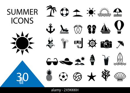 Set di icone vettoriali estive. Icone, cartelli e banner. Elementi di raccolta per vacanze estive, viaggi, turismo e feste. Illustrazione vettoriale. Illustrazione Vettoriale