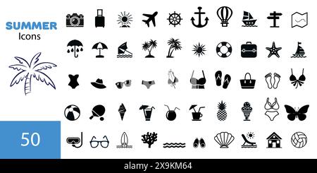Set di icone vettoriali estive. Icone, cartelli e banner. Elementi di raccolta per vacanze estive, viaggi, turismo e feste. Illustrazione vettoriale. Illustrazione Vettoriale