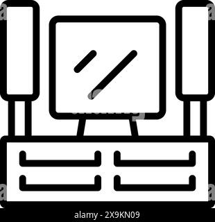 Icona della linea in bianco e nero di una scrivania minimalista con computer e cassetti Illustrazione Vettoriale