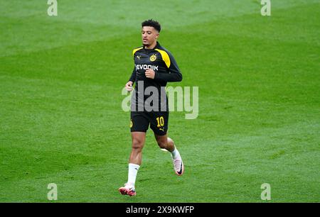 Jadon Sancho del Borussia Dortmund durante il riscaldamento della squadra prima della finale di UEFA Champions League allo stadio Wembley di Londra. Data foto: Sabato 1 giugno 2024. Foto Stock