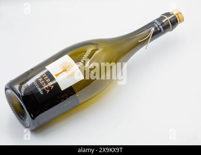 Kiev, Ucraina - 10 agosto 2023: Studio fotografico di una bottiglia di vino frizzante Terra fresca in primo piano su sfondo bianco. Foto Stock