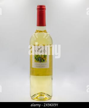 Kiev, Ucraina - 10 agosto 2023: Studio fotografico di Casa Valdes Central Spain primo piano di una bottiglia di vino bianco secco su sfondo bianco. Foto Stock