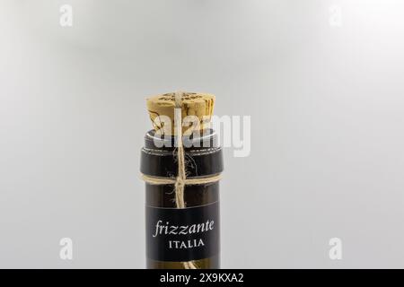 Kiev, Ucraina - 10 agosto 2023: Studio fotografico di Terra fresca frizzante, primo piano sul collo della bottiglia di vino frizzante su sfondo bianco. Foto Stock