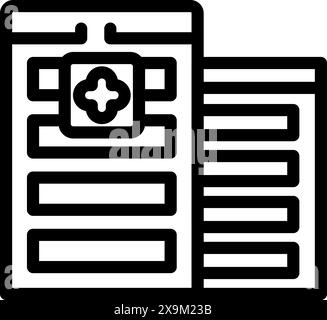 Illustrazione dell'icona del referto medico e sanitario in un semplice design vettoriale in bianco e nero per la gestione delle cartelle cliniche e della documentazione clinica Illustrazione Vettoriale