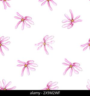 Fiori di magnolia rosa. Ordinario motivo senza cuciture di teste floreali a molla. Piante delicate. Decorazioni floreali semplici. Illustrazione acquerello Foto Stock