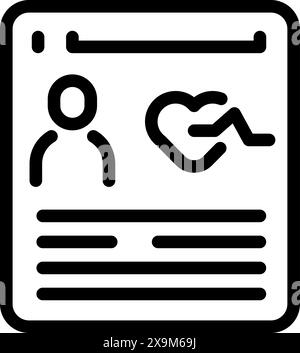 Icona in bianco e nero con una persona e un battito cardiaco su un documento, che simboleggia le cartelle cliniche Illustrazione Vettoriale