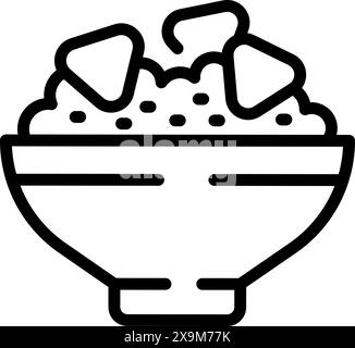 Icona del contorno vettoriale che raffigura una ciotola di riso con vari condimenti Illustrazione Vettoriale