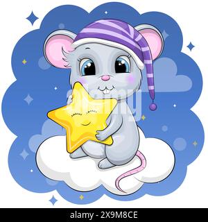 Un simpatico topo da cartone animato indossa un berretto da notte, tiene in mano una stella gialla e si siede su una nuvola. Illustrazione vettoriale animale notturno su sfondo blu. Illustrazione Vettoriale