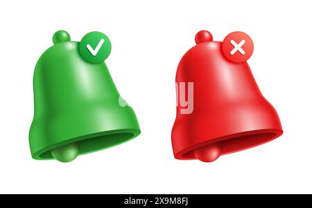 Campanella verde con un segno di spunta per accettare le notifiche e una campanella rossa con un segno di spunta per rifiutare le notifiche, gruppo vettore. Illustrazione Vettoriale