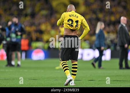 Londra, Regno Unito. 1 giugno 2024. Donyell Malen (21) di Dortmund sembra deluso e deluso durante una partita di calcio tra il Borussia Dortmund tedesco e lo spagnolo Real Madrid CF nella finale di UEFA Champions League della stagione 2023-24, sabato 1 giugno 2024 a Londra, Regno Unito . Crediti: Sportpix/Alamy Live News Foto Stock