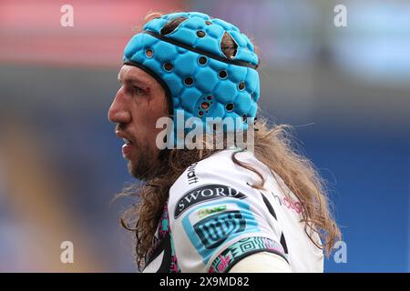 Cardiff, Regno Unito. 1 giugno 2024. Justin Tipuric degli Ospreys guarda avanti. United Rugby Championship, Cardiff Rugby contro Ospreys, giorno del giudizio al Cardiff City Stadium di Cardiff, Galles del Sud, sabato 1 giugno 2024. foto di Andrew Orchard/Alamy Live news Foto Stock